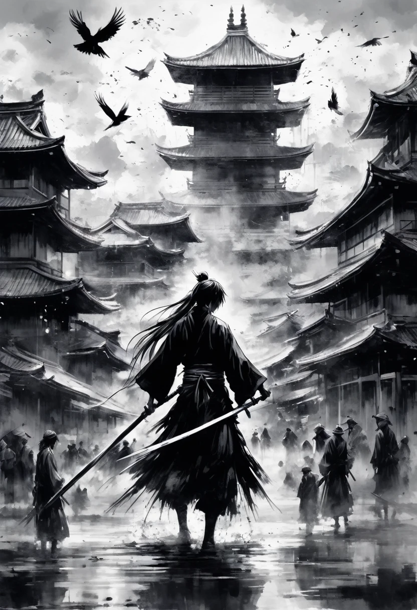 Ink painting,Ink Painting,Black and white painting,splash,Anime Rurouni Kenshin,main character、Kenshin Himura,Black Costume,(multiple crows),(acrobatic pose),An intense sword fighting scene unfolds,Old-fashioned Japan landscape,