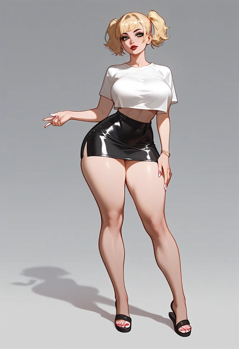 pale Blonde woman, short blonde hair, short twintails, lipstick, pale skin, wearing a tight white T shirt, bltight black microskirt, black flip flops, very large breasts, busty, wide hips, thick thighs, large thighs, small dainty feet, white nail polish, standing, 5 toes on each foot