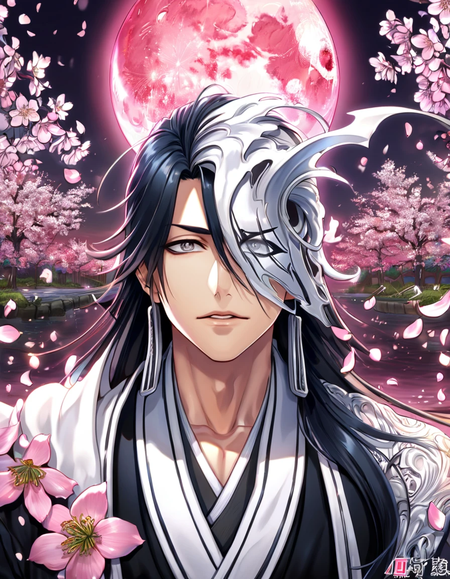 absurdres, highres, ultra detailed, HDR, master piece, best quality, extremely detailed, Kuchiki Byakuya, black long hair, hair tied with white headpieces, expressive gray eyes, Bleach, solo, sexy man, handsome, shinigami black clothes, white scarf, magical, fantasy, glittering, sparkling, glass, blossoms, pink flowers, pink petals, water, pink moon