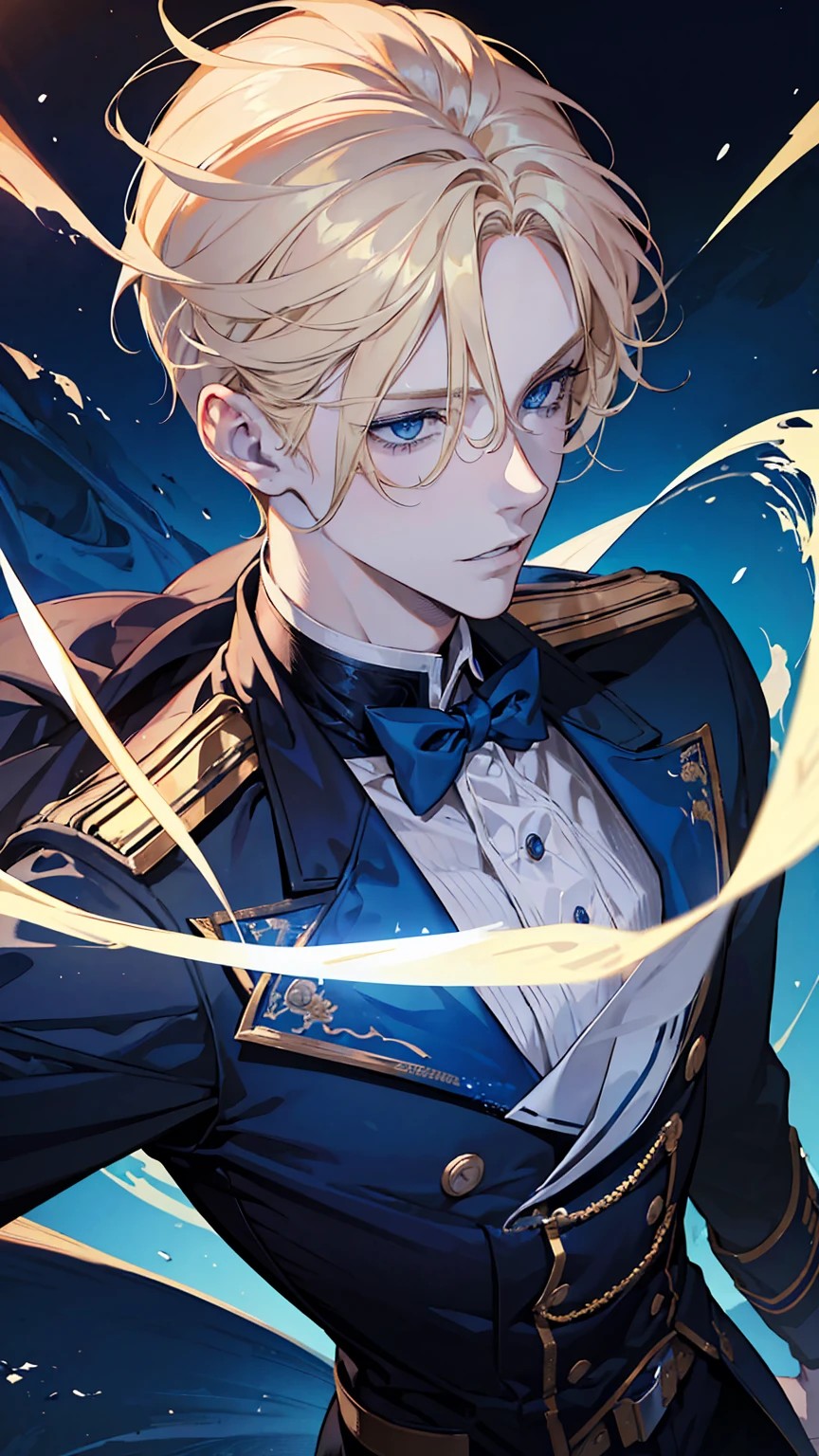 a handsome young man with blonde hair and blue eyes, wearing an academy uniform, detailed facial features, dynamic pose, realistic lighting, cinematic composition, rich color palette, highly detailed, photorealistic, masterpiece, muscular, full body