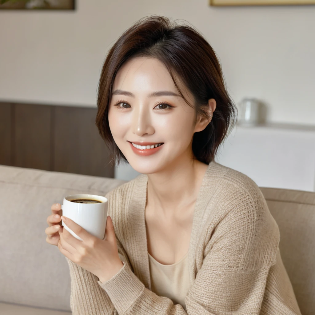 8k best picture quality, Beautiful 36-year-old Korean woman, The eyes are big, round and clear.. smile. short medium hair. Chest size 34 inches, Wearing a cardigan and beige jeans. luxury mansion living room, Sitting on the sofa and placing a ceramic coffee cup on the table , full body shot