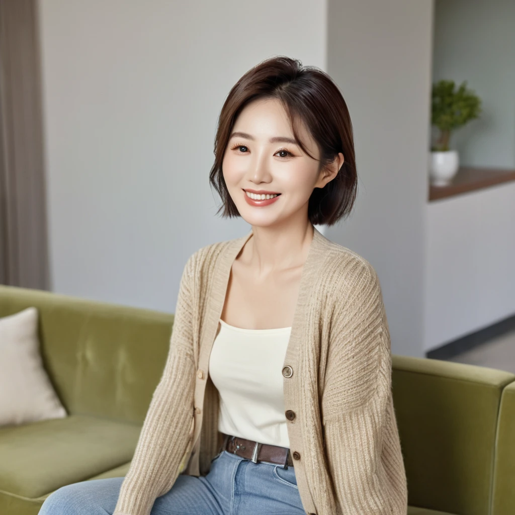 8k best picture quality, Beautiful 36-year-old Korean woman, The eyes are big, round and clear.. smile. short medium hair. Chest size 34 inches, Wearing a cardigan and beige jeans. luxury mansion living room, Sitting on the sofa and placing a ceramic coffee cup on the table , full body shot