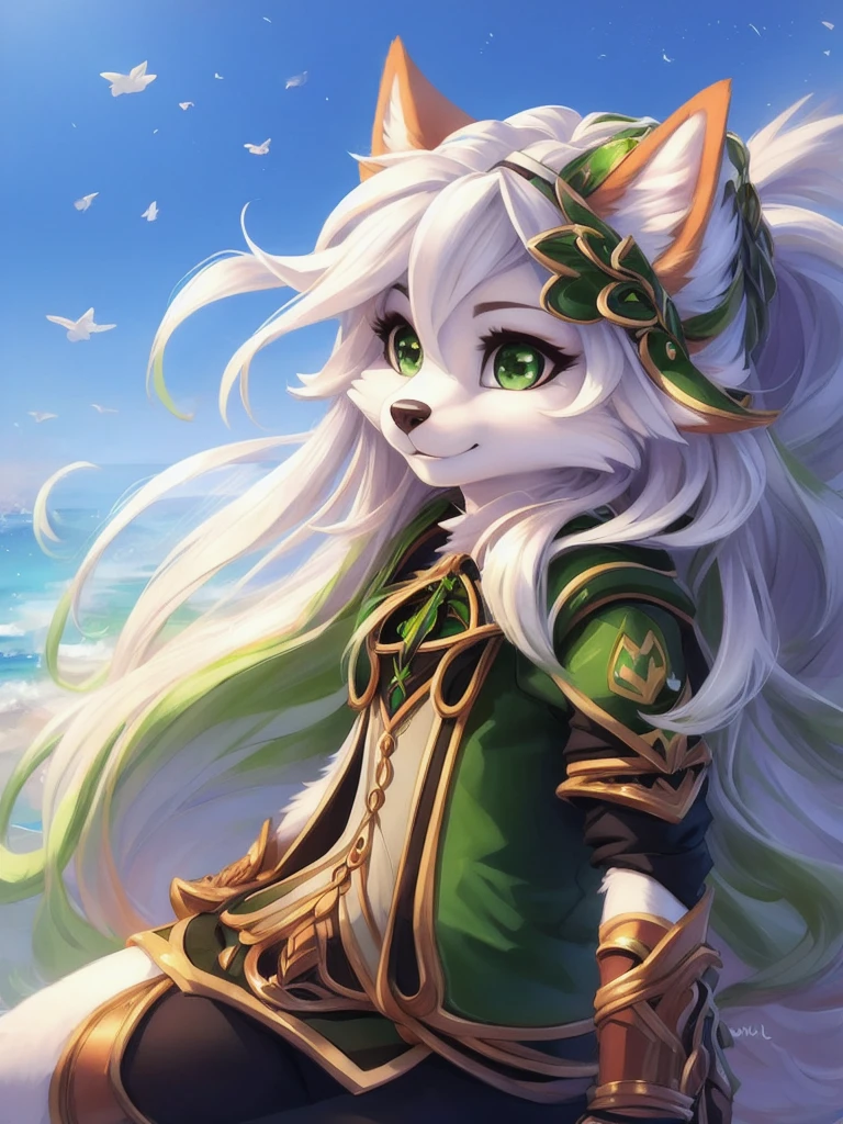 A beautiful and detailed (sweet portrait) wa, Star Fox, sslim, lovable, green eyes, medium breasts, (((Long hair 1.3))), Decollete, anthro, furry, Uploaded E621, detailed fluffy fur, (wa Fluff-Kevlar, Bayard Wu, personalize me, Pino Daeni), detailed face, (fluffy), 1 girl,  alone, 