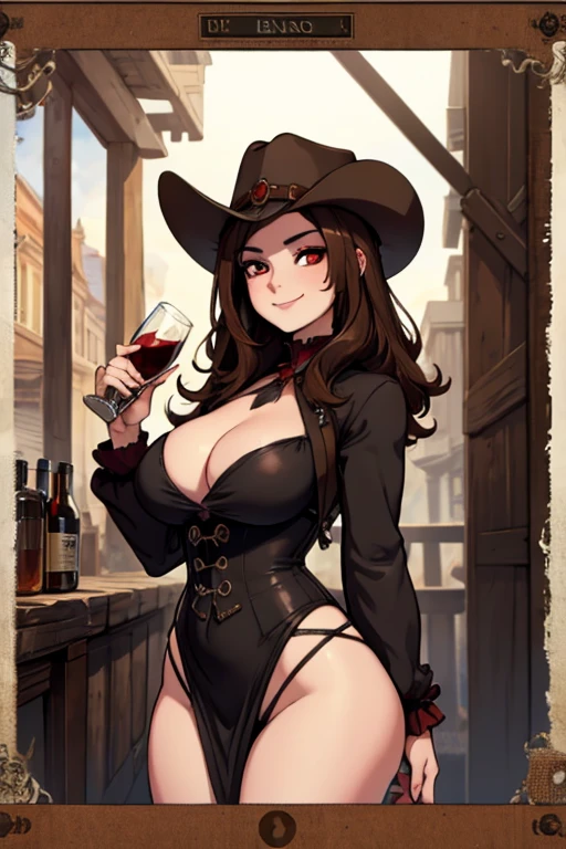 Perfect face, Perfect hands. A brown haired woman with red eyes and an hourglass figure in a Gothic conservative cowgirl is drinking with a smile in a saloon