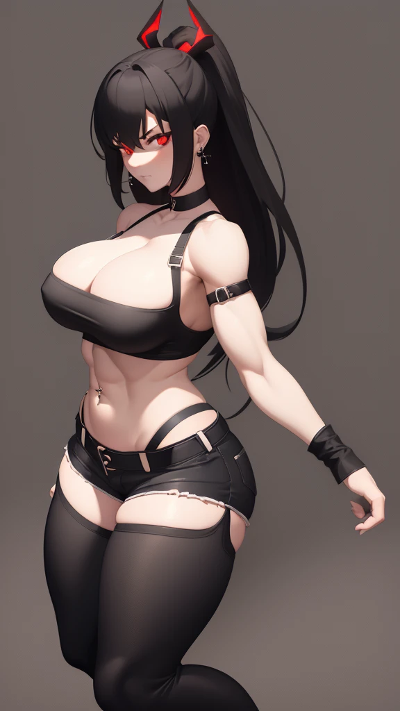 1 girl, muscular, black hair, red eyes, white skin, solo, goth, shoulder length hair, curvy, very wide hips, large ass, narrow waist, thick thighs, very huge breasts, black choker, black tank top, black jean booty shorts, sultry, navel piercing, nipple piercings, midriff six-pack abs, visible cleavage