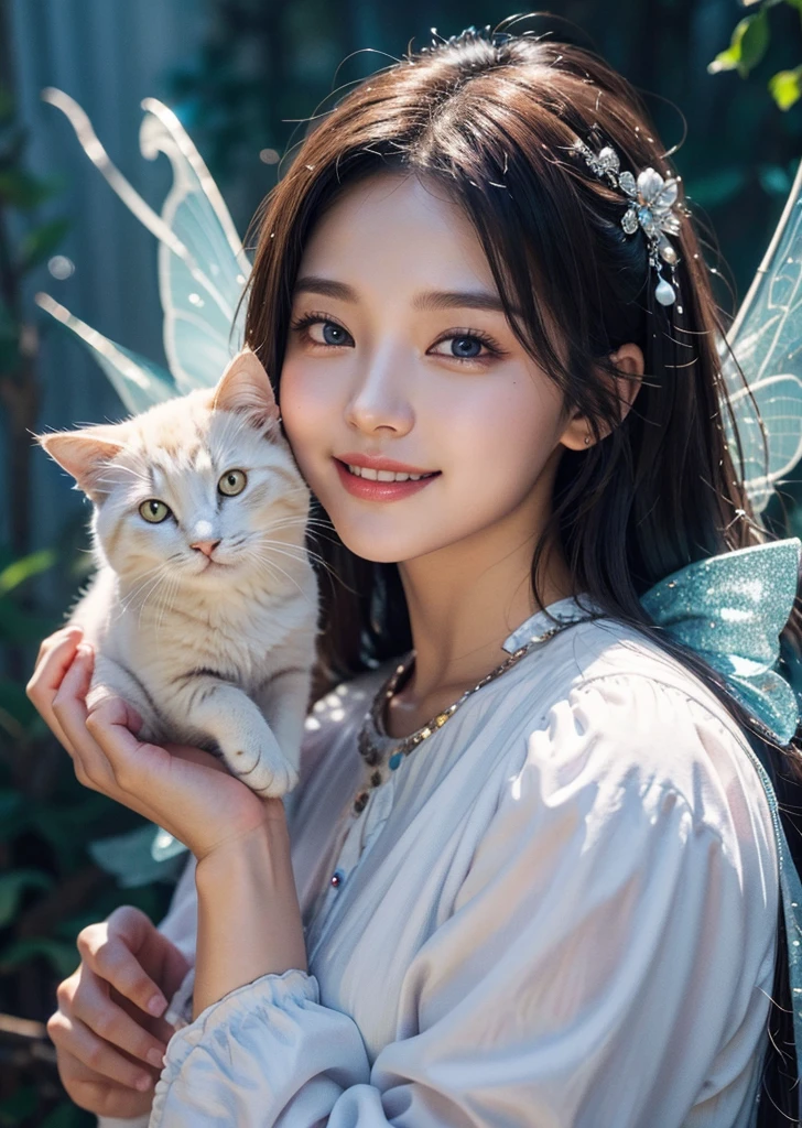 Diffuse lighting、 Highest quality, High resolution, unity 8k wallpaper、Supersaturation, Colorful, fairy tale, dream-like, Movie-like characters, oil, 3d, 8K resolution, Sequins, Sparkling, moonlight, Close-up portrait adorable,Too cute cat, Fine grain, Large, round, reflective eyes,Dreamland、pastel colour、pleasant to the touch、Facing forward、smile、
