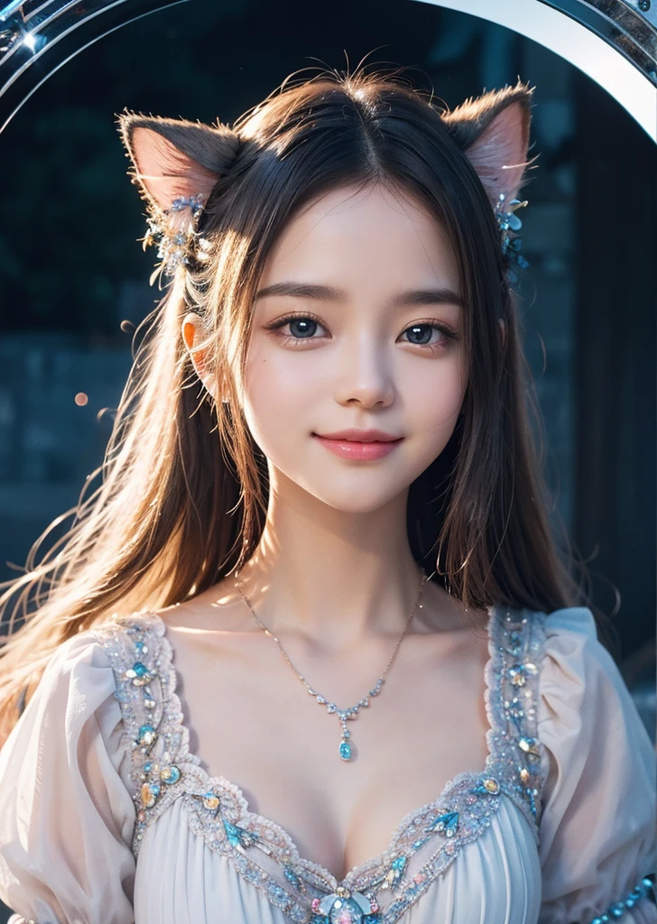 Diffuse lighting、 Highest quality, High resolution, unity 8k wallpaper、Supersaturation, Colorful, fairy tale, dream-like, Movie-like characters, oil, 3d, 8K resolution, Sequins, Sparkling, moonlight, Close-up portrait adorable,Too cute cat, Fine grain, Large, round, reflective eyes,Dreamland、pastel colour、pleasant to the touch、Facing forward、smile、