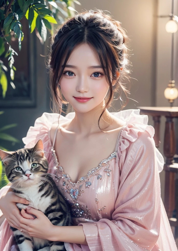Diffuse lighting、 Highest quality, High resolution, unity 8k wallpaper、Supersaturation, Colorful, fairy tale, dream-like, Movie-like characters, oil, 3d, 8K resolution, Sequins, Sparkling, moonlight, Close-up portrait adorable,Too cute cat, Fine grain, Large, round, reflective eyes,Dreamland、pastel colour、pleasant to the touch、Facing forward、smile、