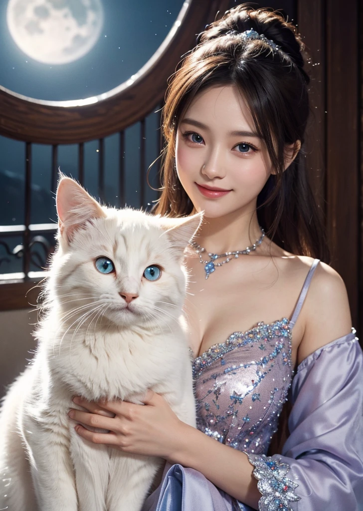 Diffuse lighting、 Highest quality, High resolution, unity 8k wallpaper、Supersaturation, Colorful, fairy tale, dream-like, Movie-like characters, oil, 3d, 8K resolution, Sequins, Sparkling, moonlight, Close-up portrait adorable,Too cute cat, Fine grain, Large, round, reflective eyes,Dreamland、pastel colour、pleasant to the touch、Facing forward、smile、