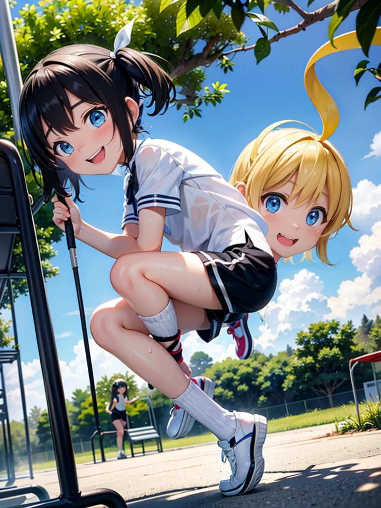 10 and 8 year old girls、blonde, Long Hair, blue eyes, Black Hair Ribbon, white shorts, spats, Happy, Hilarious, Day, outside, White shoes, flat, short, Playing on the jungle gym in the park、Wet with sweat