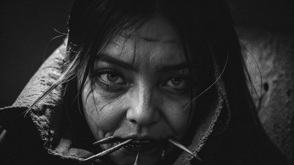 vintage black and white photography, sinister photo, ( ( ( Horror art ) ) ), gloomy vibes, horror, nightmare atmosphere, evokes disturbing elements, dark feelings, horizontal aspect, The best quality, must disturb the viewer, Close-up