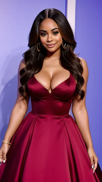Lauren London wearing tight ball gown with huge cleavage and smiling