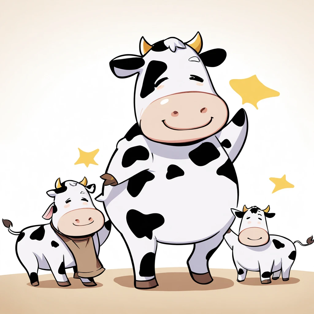 Cute cartoon cow，White background，Comic Style，Chubby，high quality，Smiling cow