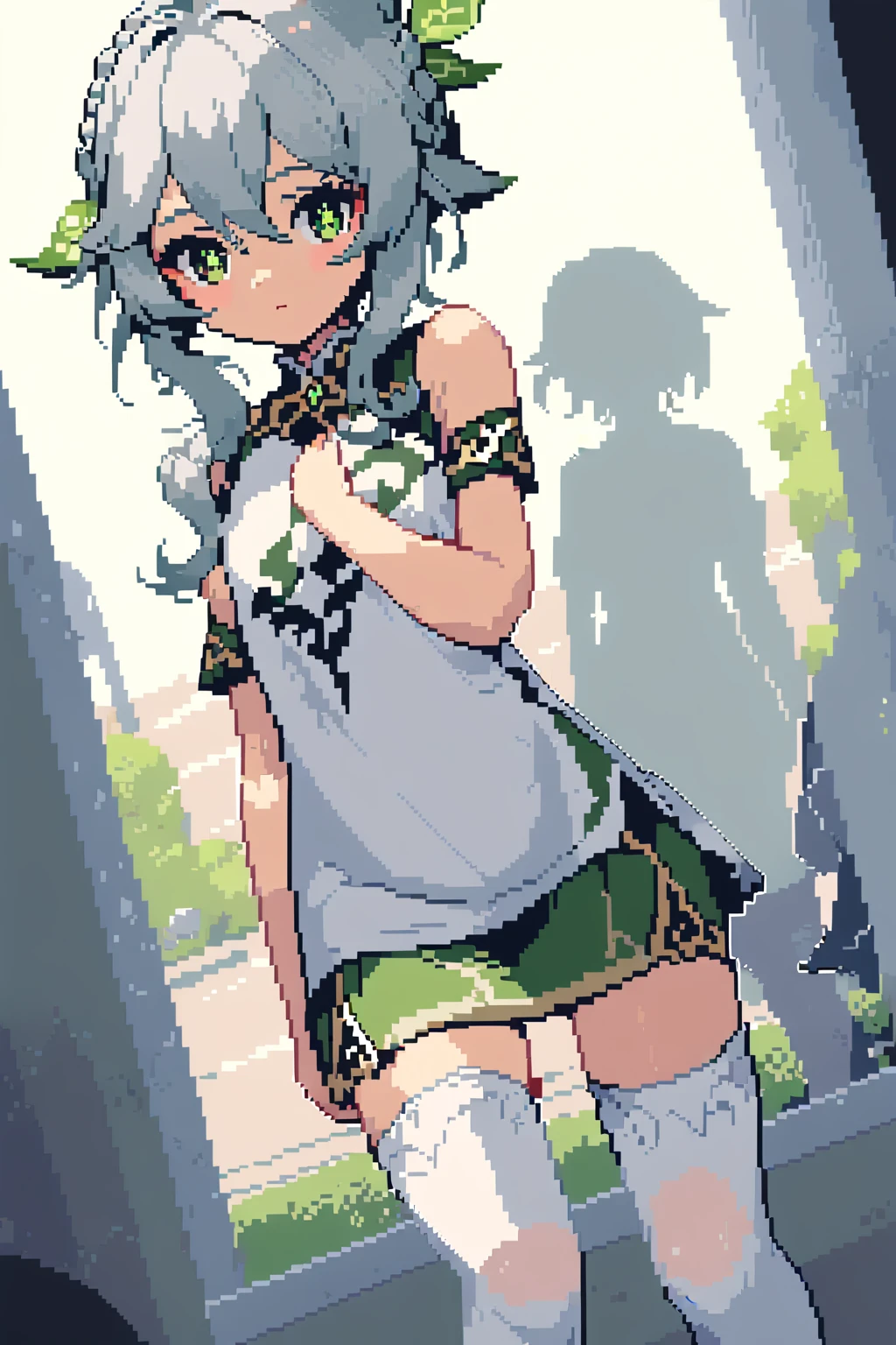 masterpiece, best quality,1 Girl,Nashida \(Genshin Impact\),,Front Miniskirt,Shooting Shirt,sleeveless, bow,White stockings,Stand in front of the school,(Pixel Art:1.1), Retro art style,