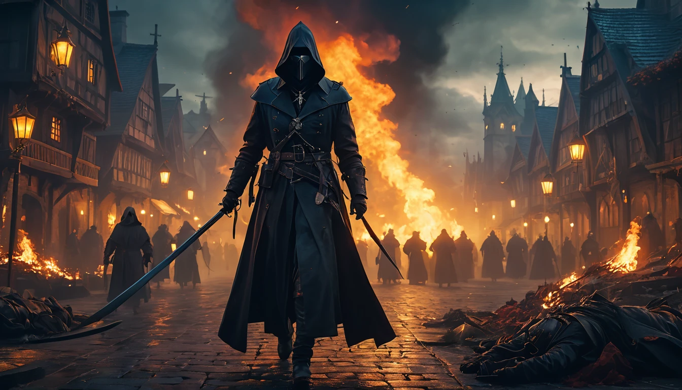 (anime, fantasy, black death), (detailed CG unity 8k wallpaper, masterpiece, best quality, ultra-detailed, HDR:1.2), vibrant colors, intricate, high FXAA, dark fantasy, black death medieval, plague doctor, plague, dark times, apocalypse, suffering, massacre, chaos, cinematic composition, volumetric fog, dynamic lighting
