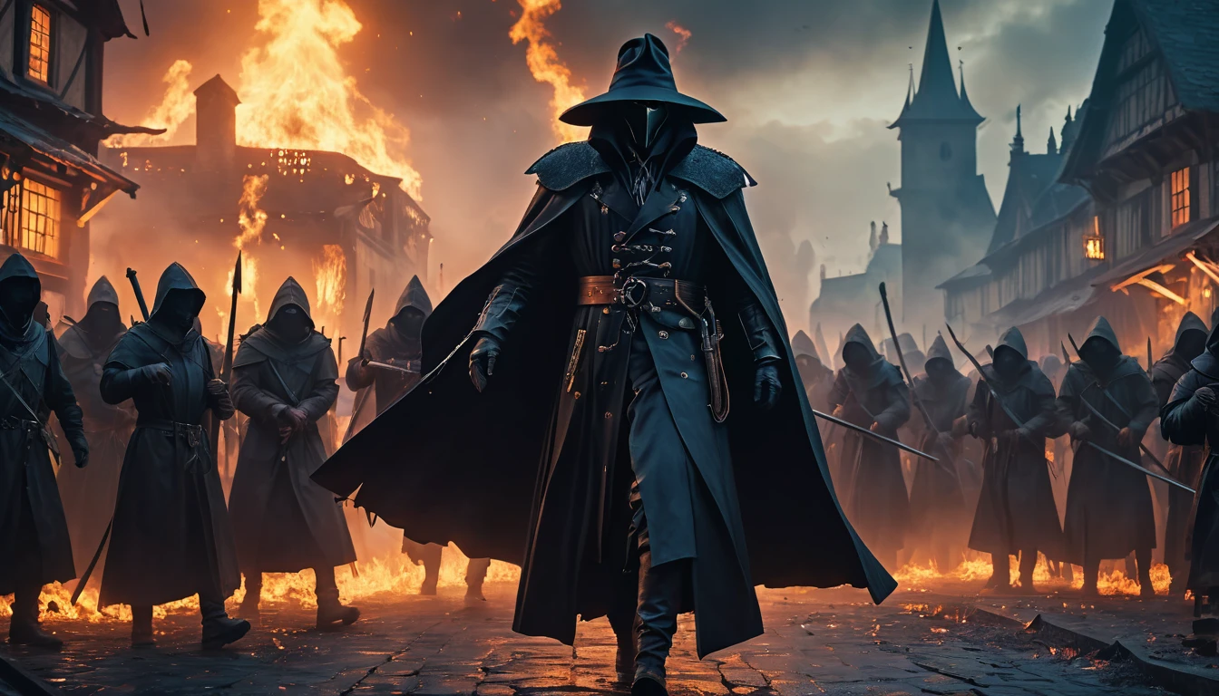 (anime, fantasy, black death), (detailed CG unity 8k wallpaper, masterpiece, best quality, ultra-detailed, HDR:1.2), vibrant colors, intricate, high FXAA, dark fantasy, black death medieval, plague doctor, plague, dark times, apocalypse, suffering, massacre, chaos, cinematic composition, volumetric fog, dynamic lighting