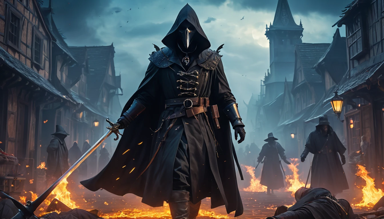 (anime, fantasy, black death), (detailed CG unity 8k wallpaper, masterpiece, best quality, ultra-detailed, HDR:1.2), vibrant colors, intricate, high FXAA, dark fantasy, black death medieval, plague doctor, plague, dark times, apocalypse, suffering, massacre, chaos, cinematic composition, volumetric fog, dynamic lighting