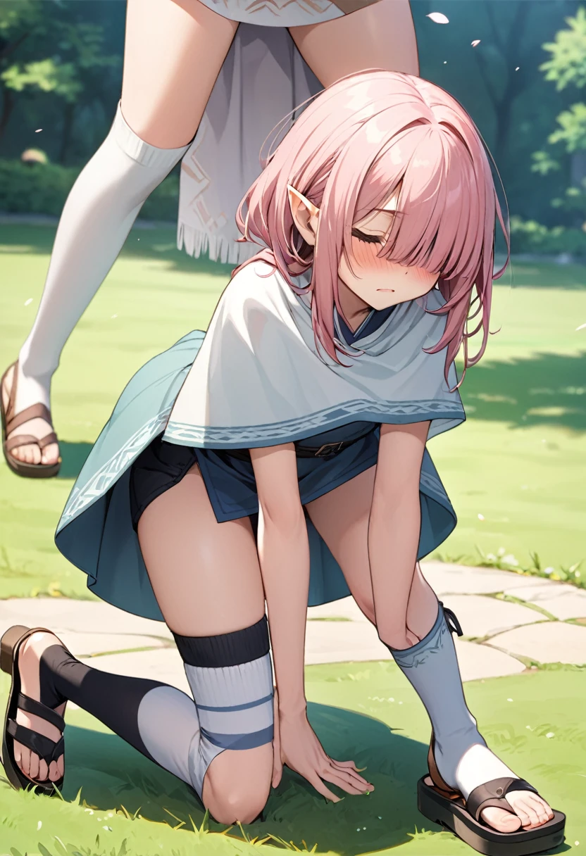 BREAK Perfect Anatomy、(High resolution:1.2)、Incredible illustrations、(Cute illustrations:1.2)、(Beautiful background(bushes in the park)from behind:1.8) 1little girl((multicolored pink hair hair,((((bangs over eyes)))), embarrassed,)1girl((a girl,elf 1.5meters, 25kg,18 years old female, ((tunic,poncho,short pants,asymmetric thigh-high socks, sandals),tilting head,(upskirt))(all fours) ,