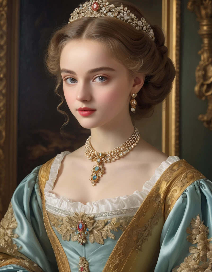 (best quality,4k,8k,highres,masterpiece:1.2),ultra-detailed,(realistic,photorealistic,photo-realistic:1.37),portrait,painting,pastels,personalized masterpiece,18th century,Russian,aristocratic,girl,noble daughter,,extremely beautiful,face,expressive eyes,delicate nose,luscious lips,porcelain skin,rosy cheeks,flowing curls,silky dress,stately posture,fine jewelry,embroidered lace collar,grand background,opulent interior,faint golden light