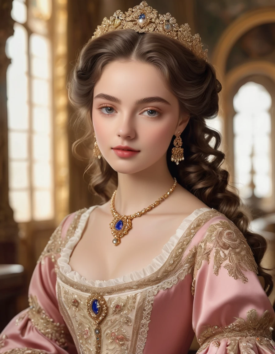 (best quality,4k,8k,highres,masterpiece:1.2),ultra-detailed,(realistic,photorealistic,photo-realistic:1.37),portrait,painting,pastels,personalized masterpiece,18th century,Russian,aristocratic,girl,noble daughter,14 years old,extremely beautiful,face,expressive eyes,delicate nose,luscious lips,porcelain skin,rosy cheeks,flowing curls,silky dress,stately posture,fine jewelry,embroidered lace collar,grand background,opulent interior,faint golden light