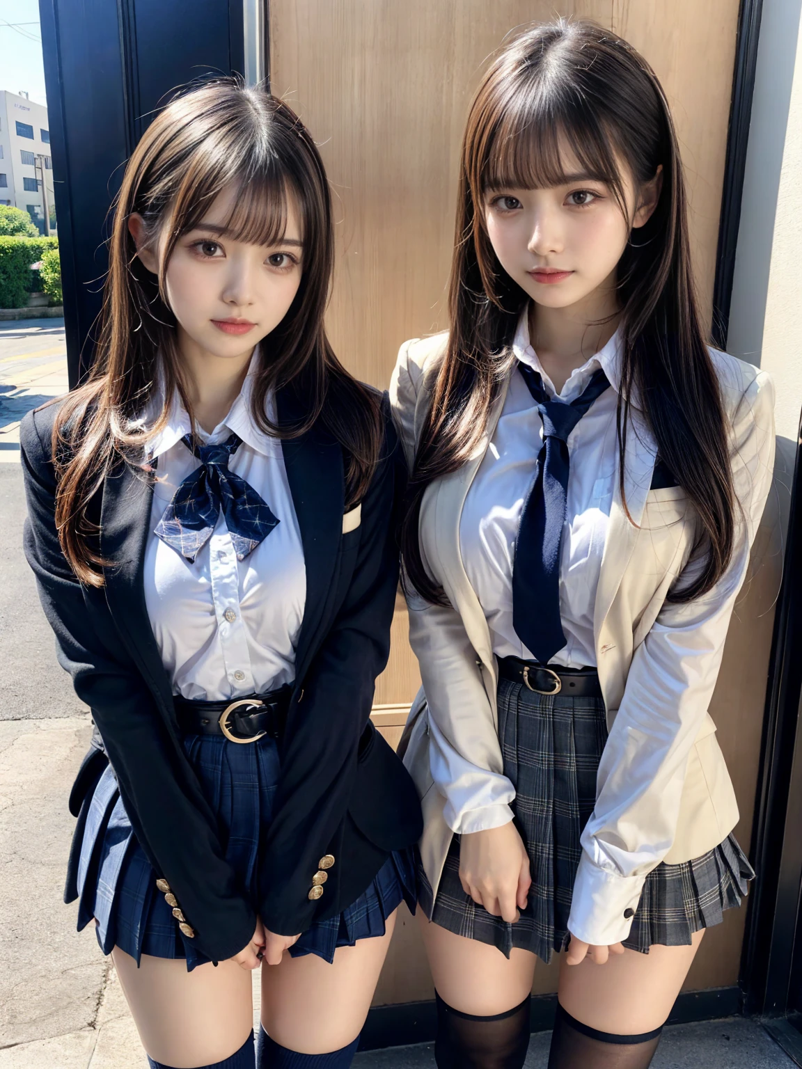 (8K, Raw photography, top-quality, masterpiece:1.2), muster piece, best quality, illustration, Super detailed, fine details, High resolution, 8K,wall paper, perfect dynamic composition,(Details High quality, realistic depiction of eyes:1.3), ((2 girls, 2 girls)), The background is a luxury hotel room、High school girl uniform、blazer 、Super Short Check Uniform Skirt、Navy blue high socks、garterbelts、Colossal tits、Disturbed uniform, Play with each other,Touching each other's bodies,Touching the body of the girl next door, short bob hair, black hair color, huge breasts, Big Natural Color Lip, bold sexy pose, (perfect body shape), crying a little、cold gaze, Harajuku style、Beautiful makeup,glitter makeup,Cutest 18 years old、 beautiful legs, hposing Gravure Idol, Voluptuous thighs