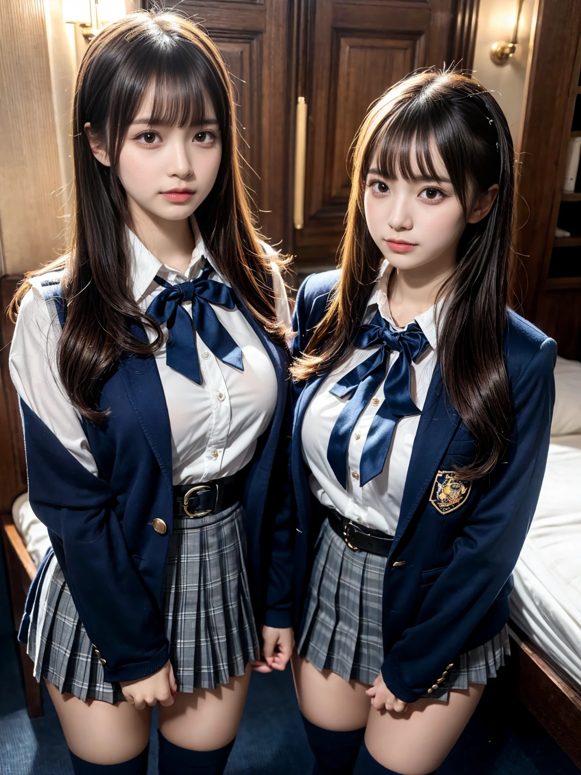 (8K, Raw photography, top-quality, ​masterpiece:1.2), muster piece, best quality, illustration, Super detailed, fine details, High resolution, 8K,wall paper, perfect dynamic composition,(Details High quality, realistic depiction of eyes:1.3), ((2 girls, 2 schoolgirls)), The background is a luxury hotel room、High school girl uniform、blazer 、Super Short Check Uniform Skirt、Navy blue high socks、garterbelts、Colossal tits、Disturbed uniform, Play with each other,Touching each other's bodies,Touching the body of the girl next door, short bob hair, black hair color, huge breasts, Big Natural Color Lip, bold sexy pose, (perfect body shape), crying a little、cold gaze, Harajuku style、Beautiful makeup,glitter makeup,Cutest 18 years old、 beautiful legs, hposing Gravure Idol, Voluptuous thighs