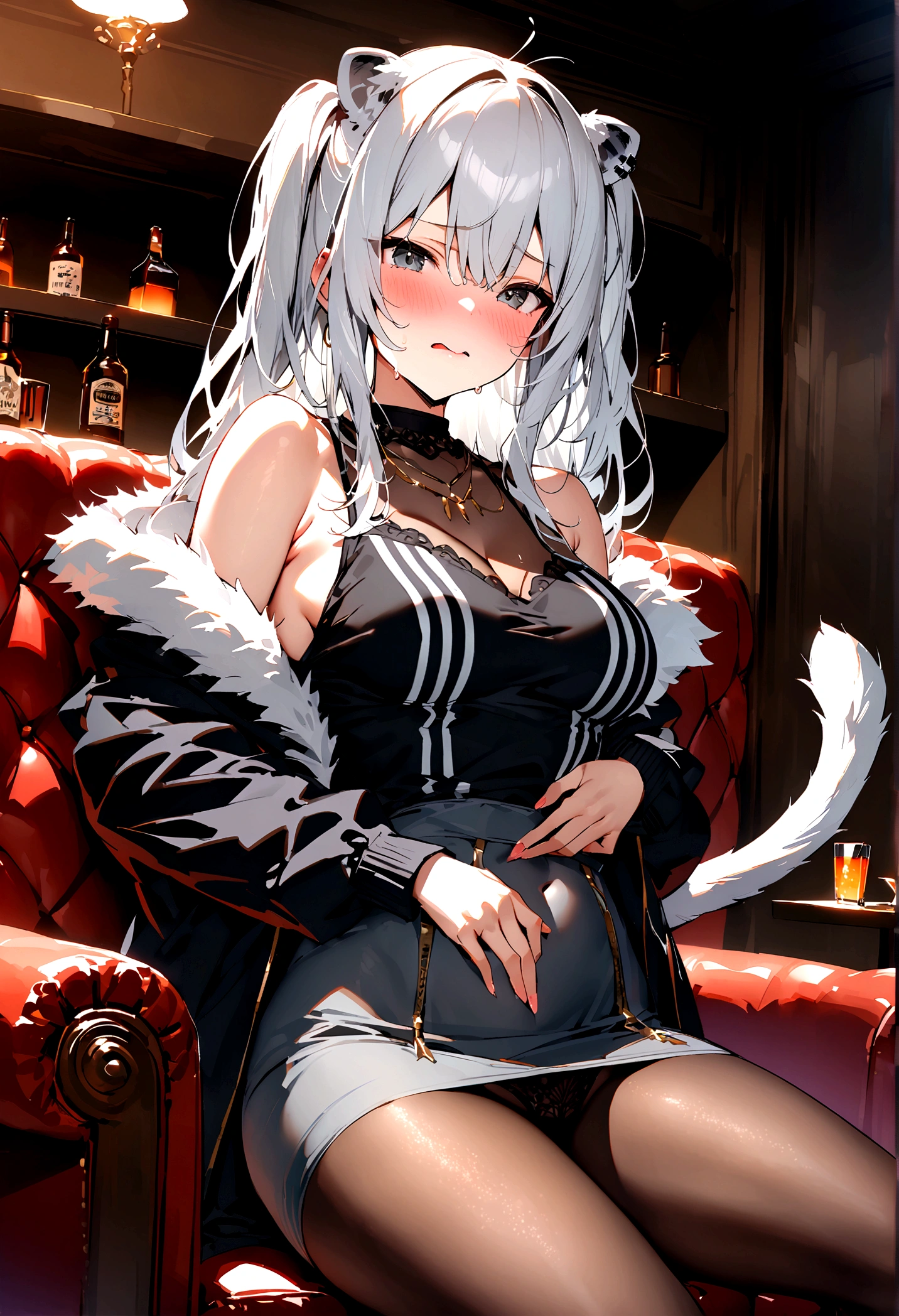 NSFW,masterpiece,Highest quality,High resolution,Super detailed,Shishirabotan\(Hololive\),Long Hair、Two Side Up、Earrings、Lion's Tail,necklace、Black Shirt、Sleeveless shirt、abdomen、See-through、Grey Skirt、片足pantyhose、pantyhose、fur-trimmed jacket、Black jacket、Off the shoulder,Black sexy panties,Embarrassed,blush,Luxurious Room,pub,Private room,sofa,Cocktail Glass,(Drunk),(Intoxication),Sitting in a chair,heart,Sexy pose,Panty shot,Nampa,From the side,A man puts his hands on her waist and hugs her