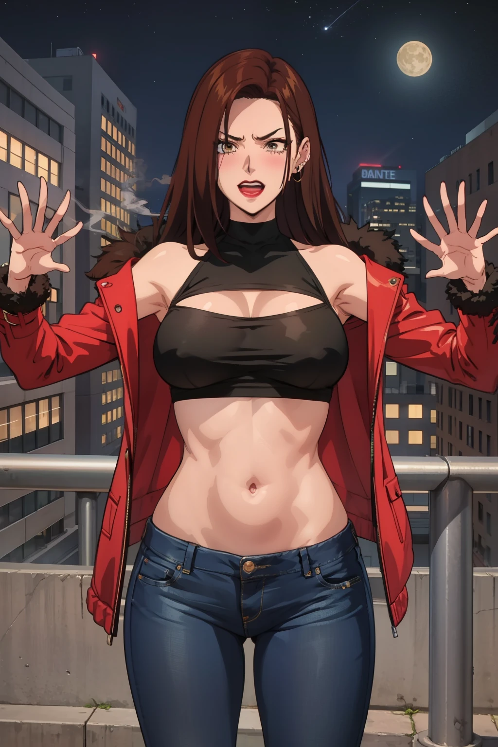 ,  retro artstyle,
MaiKannazuki, 1girl, mature female, solo, standing, 
brown hair, long hair, (single sidelock:1.2),  brown eyes, earrings, red lips, 
large breasts,
ear piercing, long hair, blush, lipstick,Hot girl, baddie, staring, glaring, bad attitude, mean girl, dare, angry, hate, crazy, smoking, sensual, attractive ,fur trim, mature female, gloves, fur-trimmed coat , outdoors, rooftop, cityscape, building, railing, night, night sky, scenery, moon, city lights, gloves,jacket, masterpiece,high quality,4k, bare shoulder,belly,crop top,outdoor,cleavage,jeans,casual dress,street,road,smile, open mouth, holding a gun,handgun, evil expression, exposed belly, exposed navel, exposed midriff, exposed lower belly, crop top overhang, underboob, unbuttoned jeans , low rise black jeans, Low rise jeans, Low rise jeans with open fly,
,open arms sideway, arms T-pose, smirk, standing, anime girl T posing