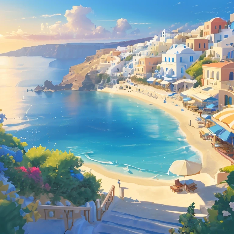 Mesa, Best Quality,masterpiece, in Santorini, premium, Fantasy panorama of Greece, Santorini, Greece, village at the beach, blue and white houses at the beach, marine port