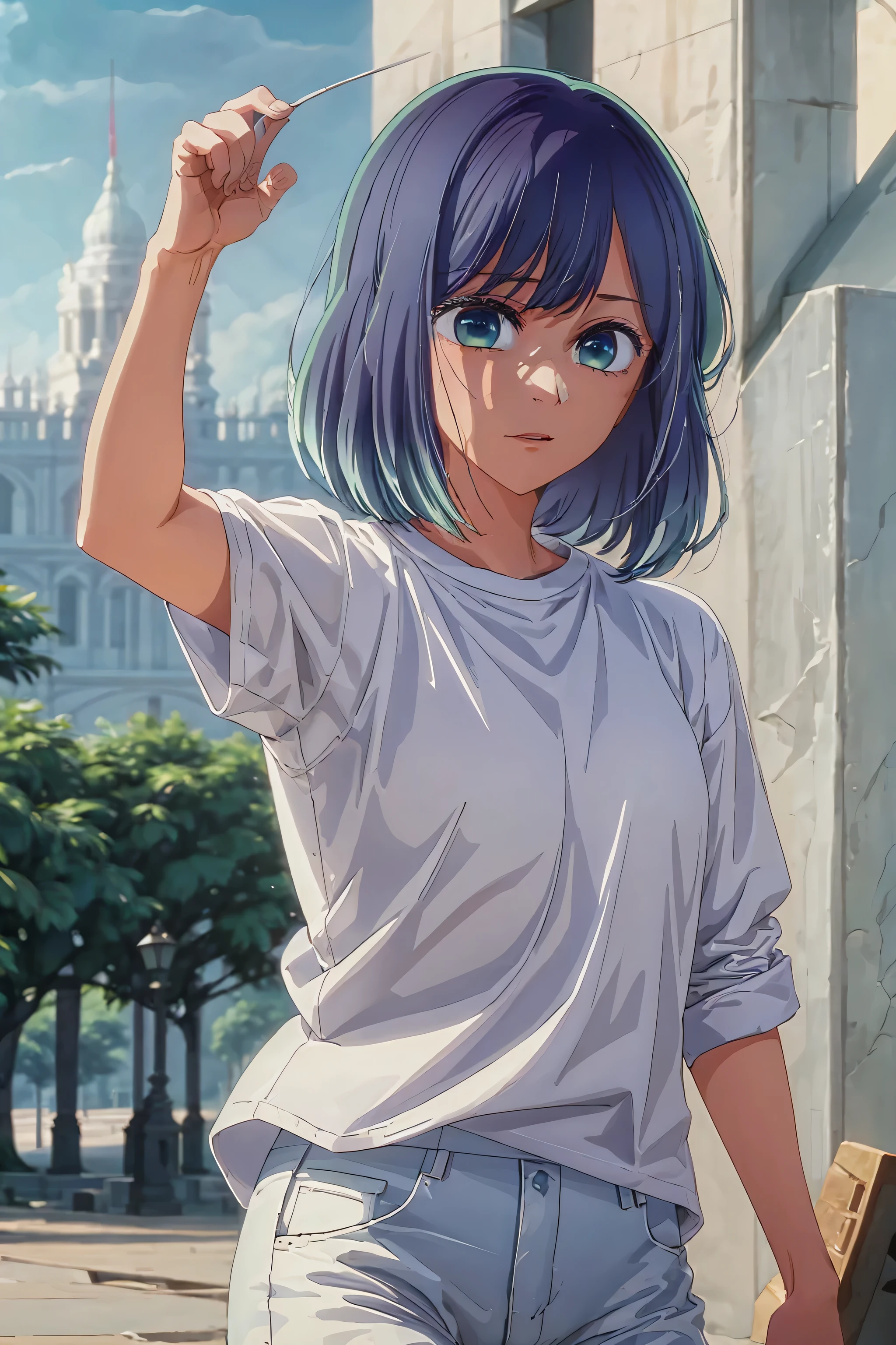 best quality, masterpiece, 1 girl, alone, white t-shirt, blue pants, royal palace background