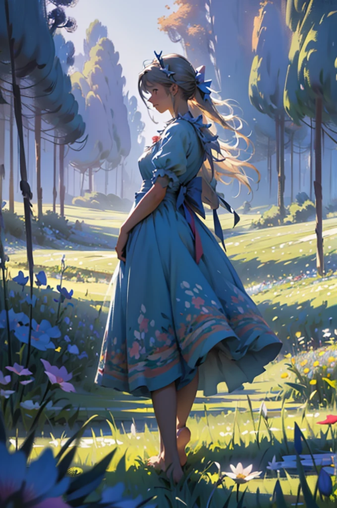 alice in the wonderland, (A bow on the head:1.1), Upper body,There is a girl standing in a flower field looking up at the sky, A girl standing in a flower field, A girl walks in a flower field, Get lost in a fantastic wonderland, standing in flower field, dreamlike digital painting, The sky is gradually clearing, The starry sky gradually receded,(Monet, Impresionismo, Oil painting), Barefoot,Barefoot,01,