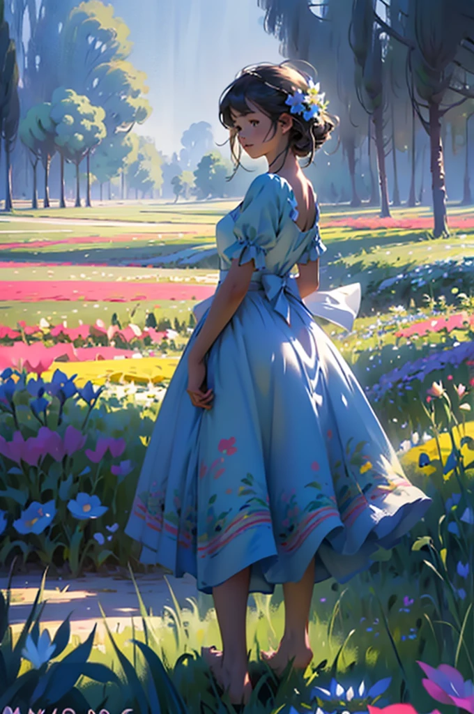 alice in the wonderland, (A bow on the head:1.1), Upper body,There is a girl standing in a flower field looking up at the sky, A girl standing in a flower field, A girl walks in a flower field, Get lost in a fantastic wonderland, standing in flower field, dreamlike digital painting, The sky is gradually clearing, The starry sky gradually receded,(Monet, Impresionismo, Oil painting), Barefoot,Barefoot,01,