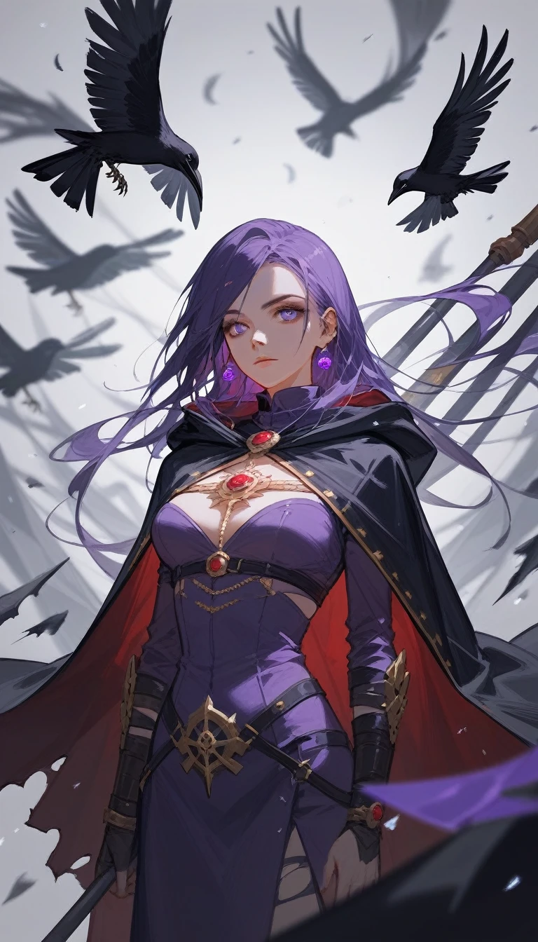 (Fraction_9,Fraction_8_Direction_7_up),1 Woman,(((bust))), Ghost Wizard, Holy Necromancer Portrait,With a cloak,Eyes shine,Torn Cloak,Black Death Scythe,crow,Black and purple clothes,Dark gold decoration,