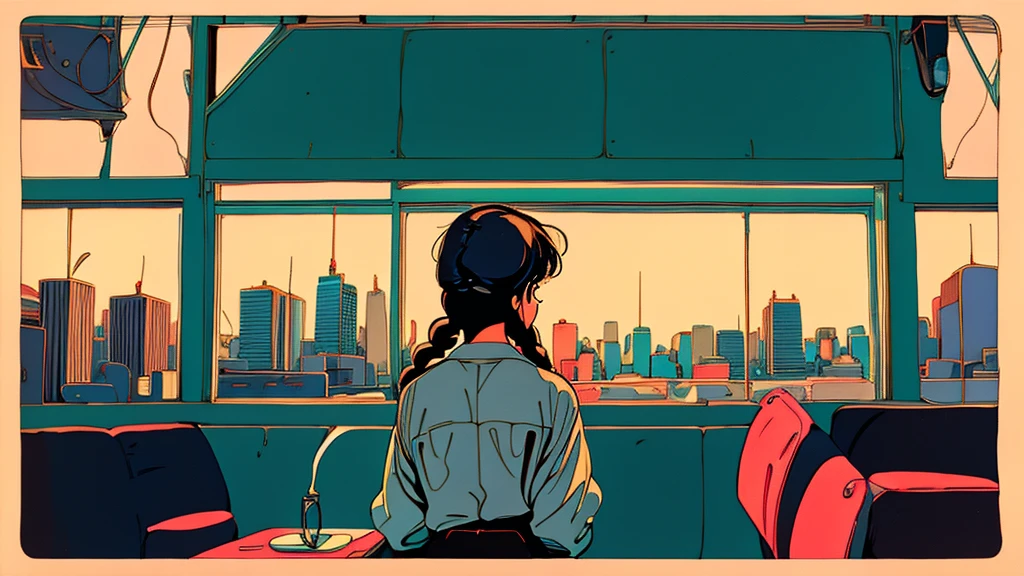the 90s，City Pop，girl，Retro Pop，dance hall，Braid，one piece，Coffee shop，Back view