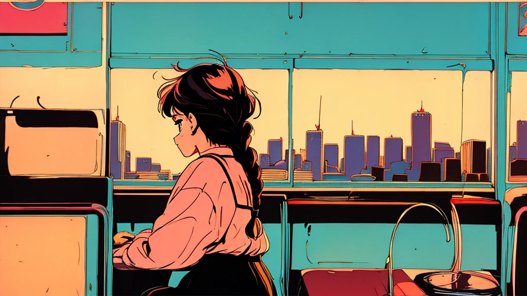 the 90s,City Pop,girl,Retro Pop,dance hall,Braid,one piece,Coffee shop,Back view