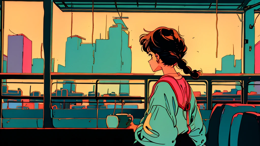 the 90s,City Pop,girl,Retro Pop,dance hall,Braid,one piece,Coffee shop,Back view