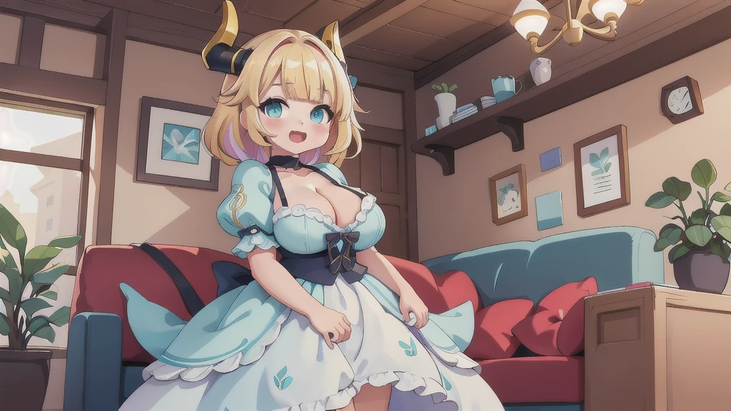 best quality, masterpiece, detailed,
memcho,
open mouth, :3, happy,
short hair, blonde hair, multicolored hair, aqua eyes, blunt bangs, horns,, collarbone, puffy sleeves, Cleavage:1.5、standing, on couch, looking at the viewer,
indoors、Huge breasts