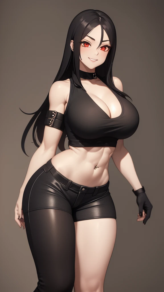 1 girl, muscular, black hair, red eyes, white skin, solo, goth, shoulder length hair, curvy, very wide hips,  large ass, narrow waist, thick thighs, very huge breasts, black choker, black tank top, black jean booty shorts, sultry smile, navel piercing, nipple piercings, midriff six-pack abs, visible cleavage
