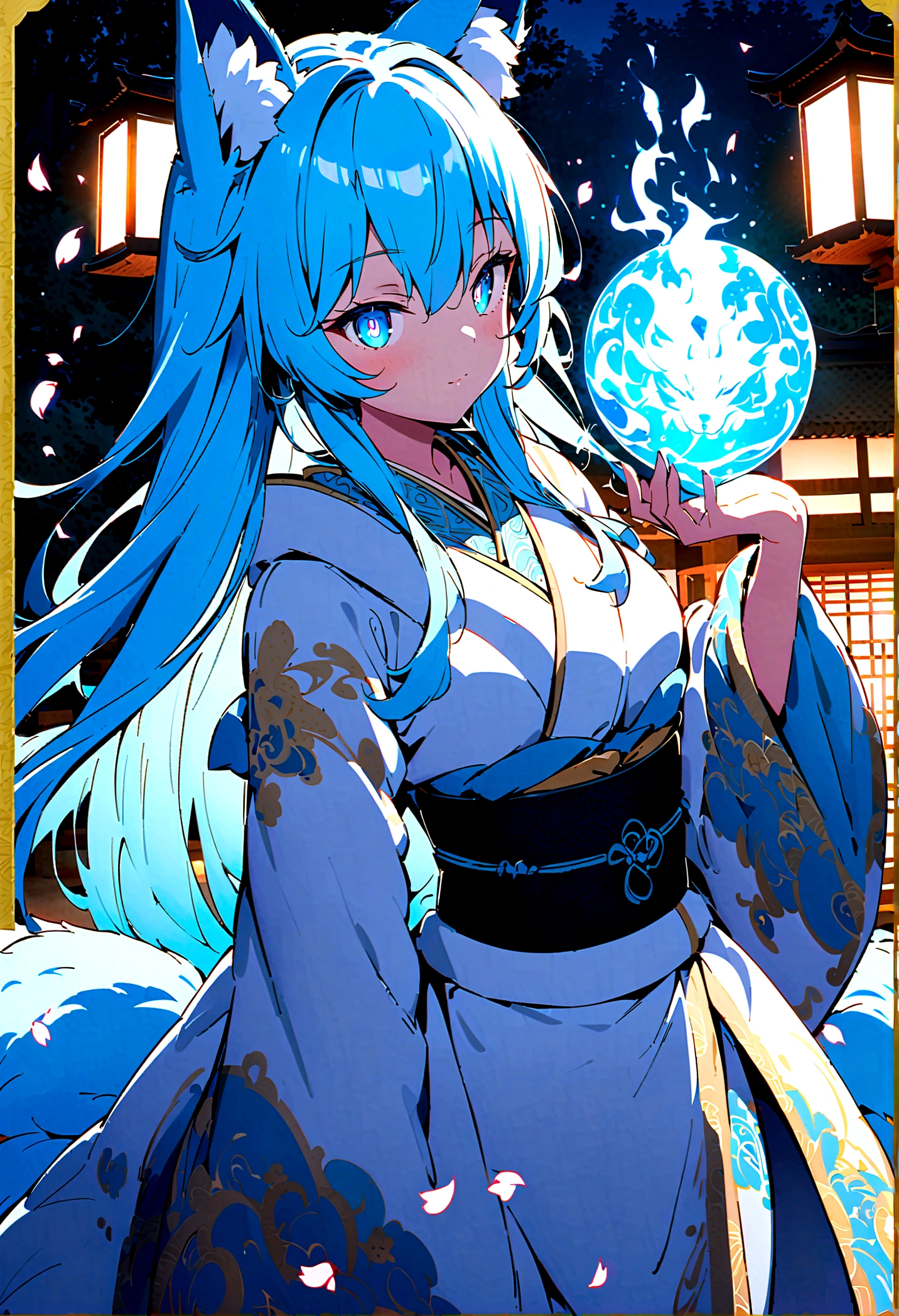 fox Light blue hair beast girl indigo fur fox beast girl fox Light blue hair beast girl indigo fur fox beast girl Wallpaper 4k,8k,highly detailled,,vivid colors,detailed kitsune with 9 tails,traditional Japanese artwork,tatami floor,beautiful cherry blossoms,floating lanterns,dark silhouette of a pagoda,subtle moonlight,dense forest,ethereal atmosphere,dappled sunlight,whimsical spirit,serene expression,elaborate kimono and obi,delicate hand-painted details,luminous eyes Anime Style fox blue White-faced golden-haired nine-tailed fox Coat blue fox Light blue hair beast girl indigo fur fox beast girl Anime Style fox blue White-faced golden-haired nine-tailed fox Coat blue mysterious background Blue Flame girl have a ball of light fox Light blue hair beast girl indigo fur fox beast girl mysterious background Blue Flame girl have a ball of light Anime Style fox blue White-faced golden-haired nine-tailed fox Coat blue mysterious background Blue Flame girl have a ball of light