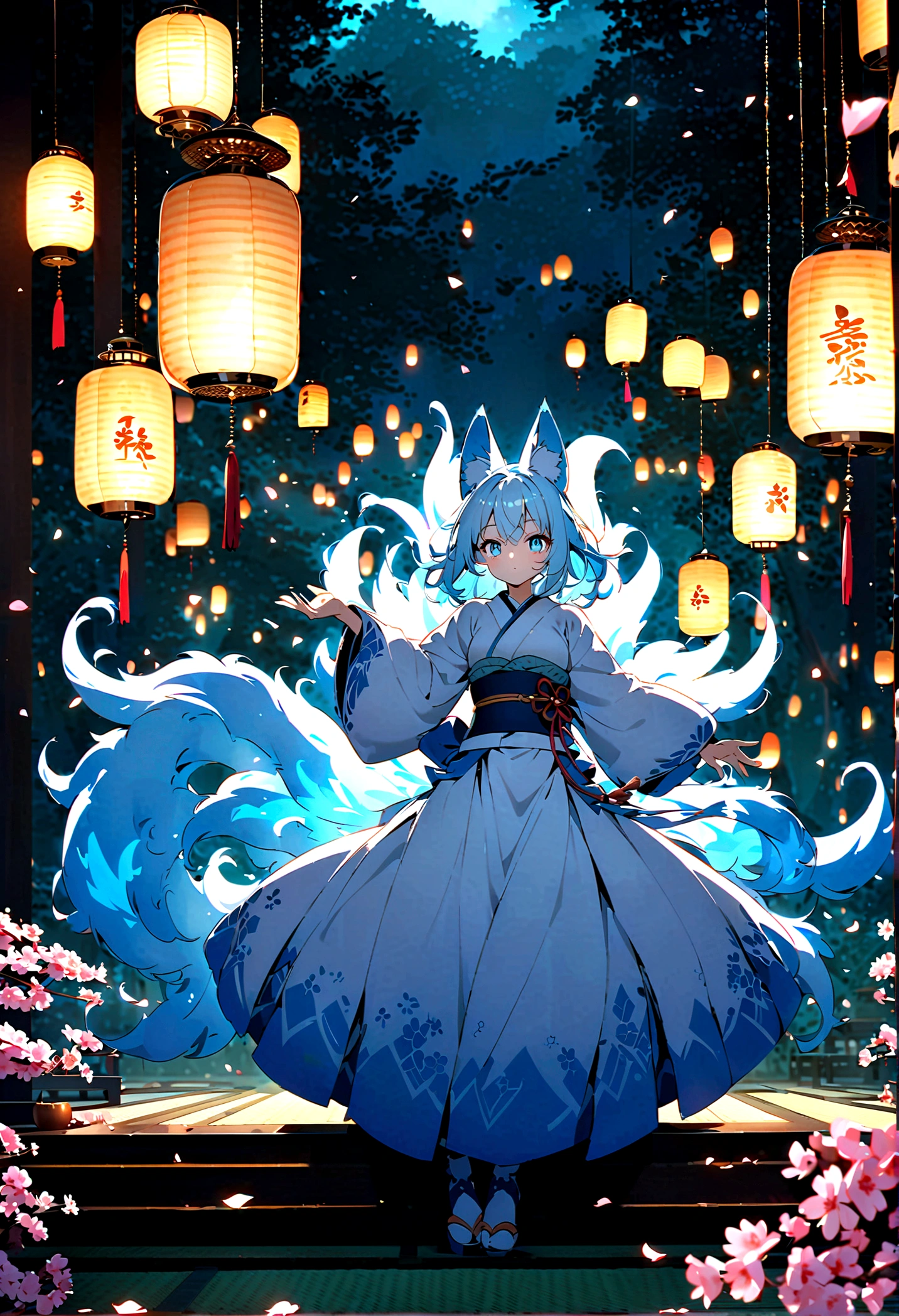 fox Light blue hair beast girl indigo fur fox beast girl fox Light blue hair beast girl indigo fur fox beast girl Wallpaper 4k,8k,highly detailled,,vivid colors,detailed kitsune with 9 tails,traditional Japanese artwork,tatami floor,beautiful cherry blossoms,floating lanterns,dark silhouette of a pagoda,subtle moonlight,dense forest,ethereal atmosphere,dappled sunlight,whimsical spirit,serene expression,elaborate kimono and obi,delicate hand-painted details,luminous eyes Anime Style fox blue White-faced golden-haired nine-tailed fox Coat blue fox Light blue hair beast girl indigo fur fox beast girl Anime Style fox blue White-faced golden-haired nine-tailed fox Coat blue mysterious background Blue Flame girl have a ball of light fox Light blue hair beast girl indigo fur fox beast girl mysterious background Blue Flame girl have a ball of light Anime Style fox blue White-faced golden-haired nine-tailed fox Coat blue mysterious background Blue Flame girl have a ball of light