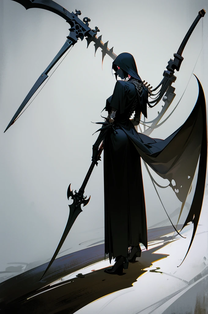 A painting of a skeleton holding a sickle and a scythe, Scythe design, the Angel of Death, Angel of Death, Full body concept, Spooky and gloomy art style, Detailed but rough, Skeletal signs, detailed Full body concept, back view of the grim reaper, Demon Soul concept art, skeleton with extra fleshy bits, dark souls concept