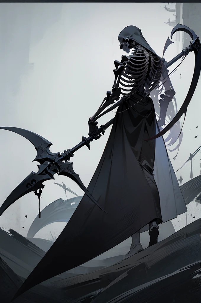 A painting of a skeleton holding a sickle and a scythe, Scythe design, the Angel of Death, Angel of Death, Full body concept, Spooky and gloomy art style, Detailed but rough, Skeletal signs, detailed Full body concept, back view of the grim reaper, Demon Soul concept art, skeleton with extra fleshy bits, dark souls concept