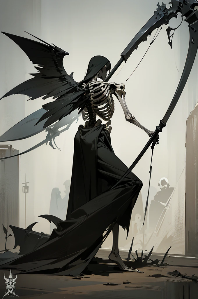 A painting of a skeleton holding a sickle and a scythe, Scythe design, the Angel of Death, Angel of Death, Full body concept, Spooky and gloomy art style, Detailed but rough, Skeletal signs, detailed Full body concept, back view of the grim reaper, Demon Soul concept art, skeleton with extra fleshy bits, dark souls concept