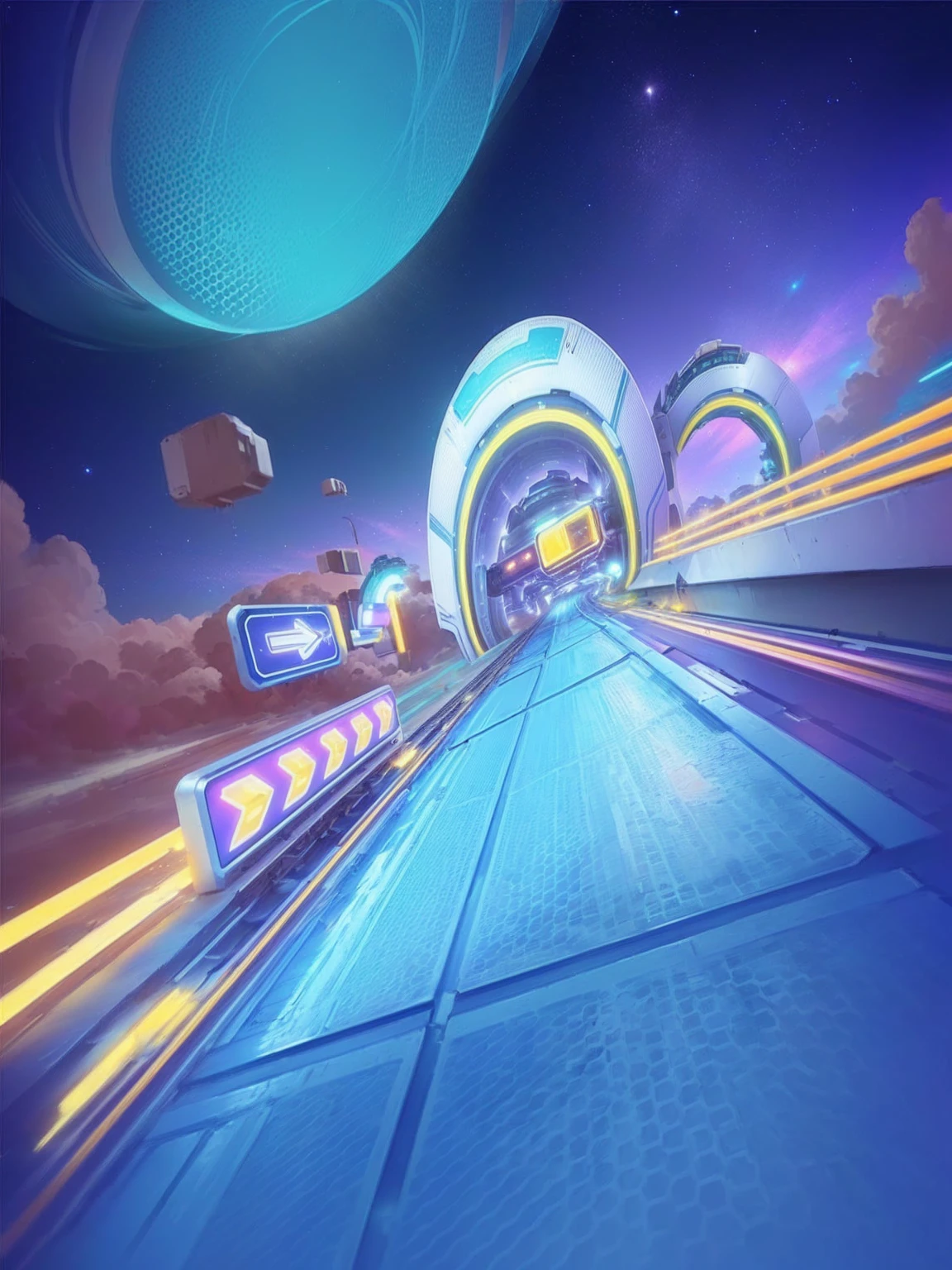 Close-up shot of a train moving along tracks in a futuristic scene, rainbow road, background technologywork, background technology, race track background, outrun art style, outrun style, Breeze Background, Game Background, crisp smooth lines, Galaxy ray tracing, outrun style and colours, videoGame Background, outrun, mobile Game Background, Ultrahigh speed, Mobile Game Art