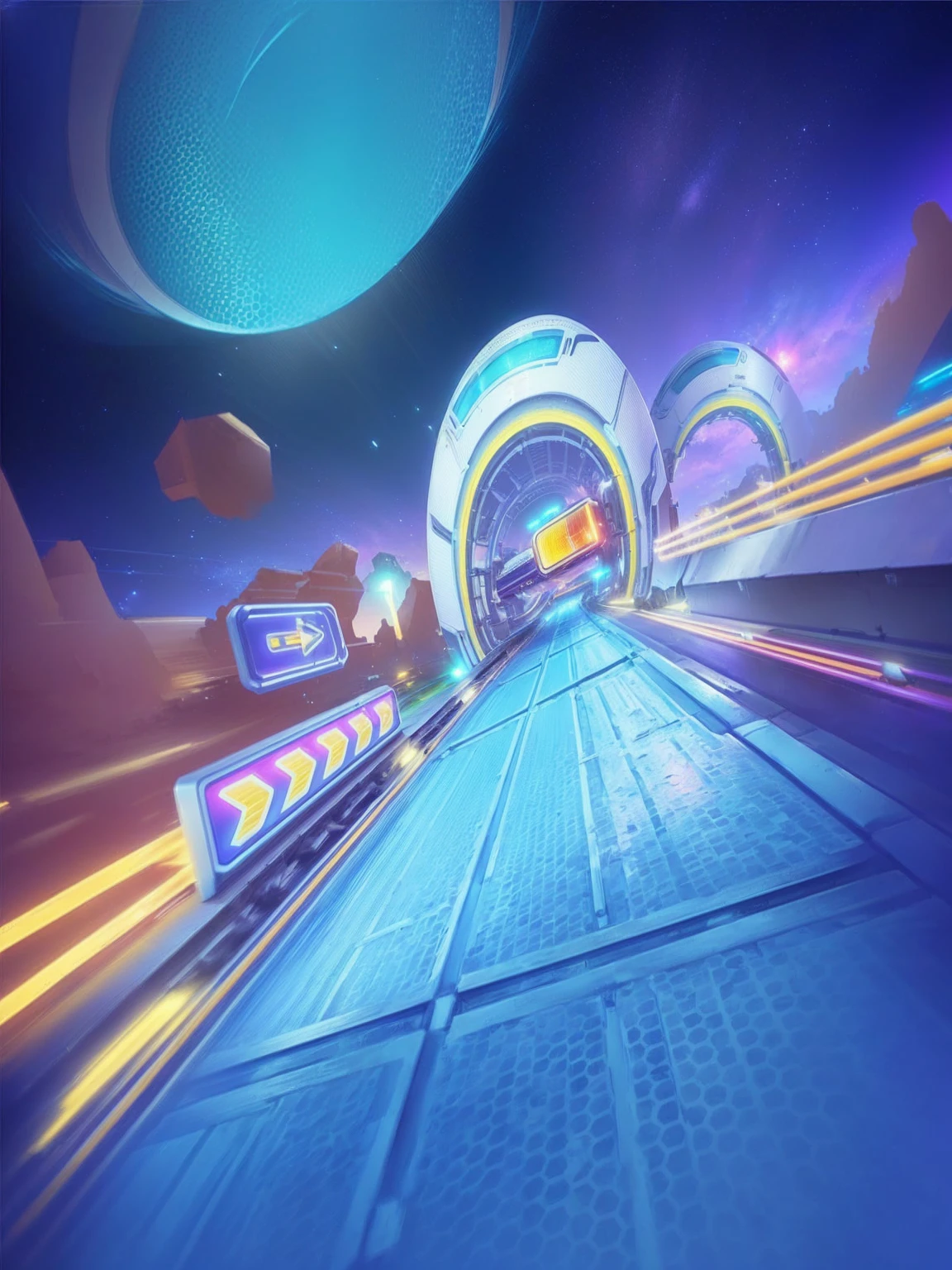 Close-up shot of a train moving along tracks in a futuristic scene, rainbow road, background technologywork, background technology, race track background, outrun art style, outrun style, Breeze Background, Game Background, crisp smooth lines, Galaxy ray tracing, outrun style and colours, videoGame Background, outrun, mobile Game Background, Ultrahigh speed, Mobile Game Art