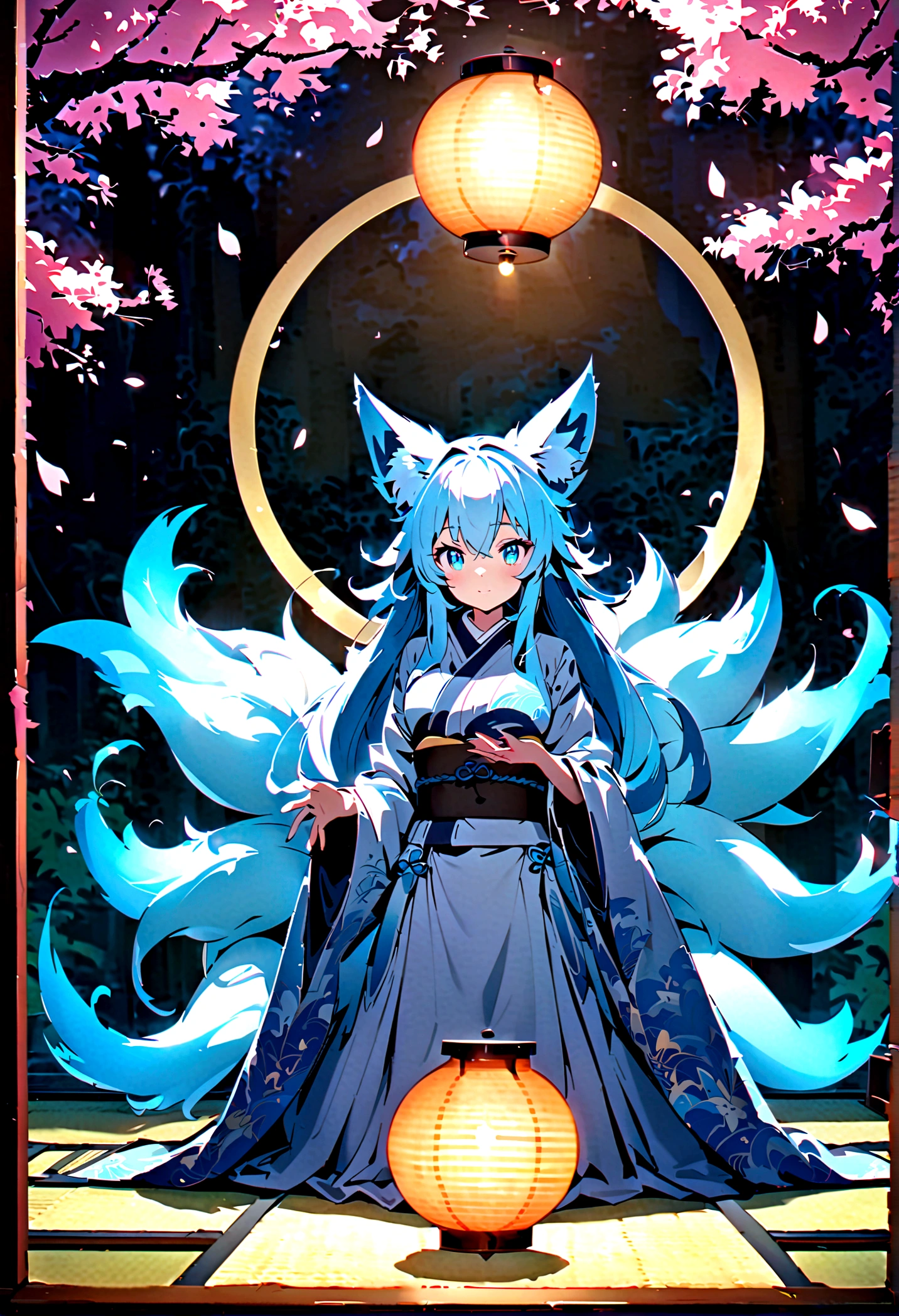 fox Light blue hair beast girl indigo fur fox beast girl fox Light blue hair beast girl indigo fur fox beast girl Wallpaper 4k,8k,highly detailled,,vivid colors,detailed kitsune with 9 tails,traditional Japanese artwork,tatami floor,beautiful cherry blossoms,floating lanterns,dark silhouette of a pagoda,subtle moonlight,dense forest,ethereal atmosphere,dappled sunlight,whimsical spirit,serene expression,elaborate kimono and obi,delicate hand-painted details,luminous eyes Anime Style fox blue White-faced golden-haired nine-tailed fox Coat blue fox Light blue hair beast girl indigo fur fox beast girl Anime Style fox blue White-faced golden-haired nine-tailed fox Coat blue mysterious background Blue Flame girl have a ball of light fox Light blue hair beast girl indigo fur fox beast girl mysterious background Blue Flame girl have a ball of light Anime Style fox blue White-faced golden-haired nine-tailed fox Coat blue mysterious background Blue Flame girl have a ball of light