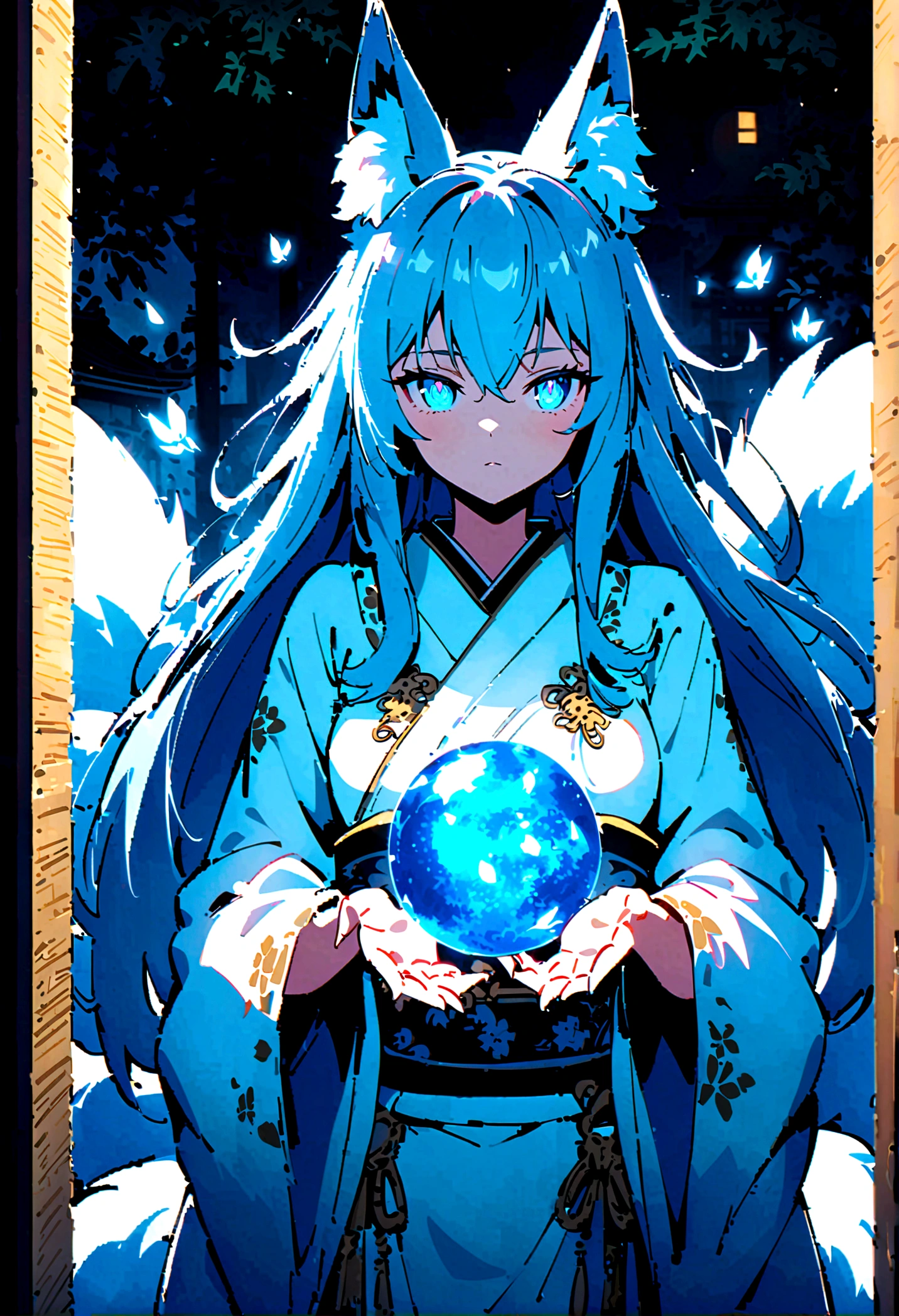 fox Light blue hair beast girl indigo fur fox beast girl fox Light blue hair beast girl indigo fur fox beast girl Wallpaper 4k,8k,highly detailled,,vivid colors,detailed kitsune with 9 tails,traditional Japanese artwork,tatami floor,beautiful cherry blossoms,floating lanterns,dark silhouette of a pagoda,subtle moonlight,dense forest,ethereal atmosphere,dappled sunlight,whimsical spirit,serene expression,elaborate kimono and obi,delicate hand-painted details,luminous eyes Anime Style fox blue White-faced golden-haired nine-tailed fox Coat blue fox Light blue hair beast girl indigo fur fox beast girl Anime Style fox blue White-faced golden-haired nine-tailed fox Coat blue mysterious background Blue Flame girl have a ball of light fox Light blue hair beast girl indigo fur fox beast girl mysterious background Blue Flame girl have a ball of light Anime Style fox blue White-faced golden-haired nine-tailed fox Coat blue mysterious background Blue Flame girl have a ball of light