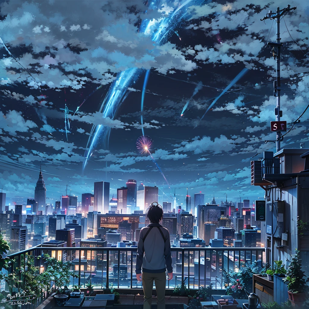 A man stands on a balcony watching an anime scene from the city, Your name, your name movie style, anime movie backgrounds, ( ( Makoto Shinkai ) ), Kimi no Nava, Makoto Shinkai. —h 2160, Makoto Shinkai!, Cosmos Sky. By Makoto Shinkai, makoto shinkai movie
