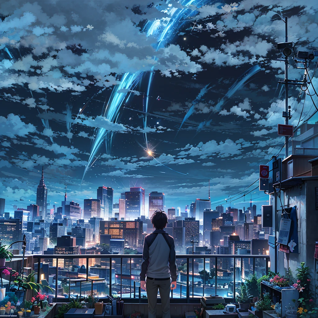 A man stands on a balcony watching an anime scene from the city, Your name, your name movie style, anime movie backgrounds, ( ( Makoto Shinkai ) ), Kimi no Nava, Makoto Shinkai. —h 2160, Makoto Shinkai!, Cosmos Sky. By Makoto Shinkai, makoto shinkai movie