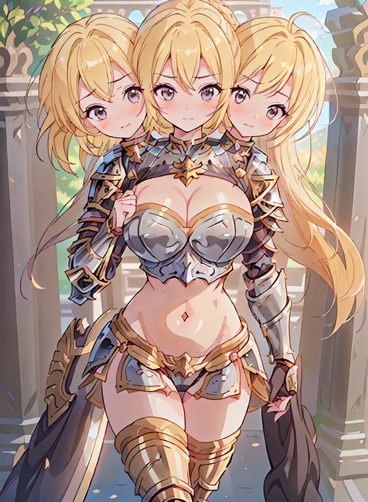 (masterpiece),(ultra-detailed), (high quality), (high resolution), (best quality:1.5, highres, UHD), highres, absurdo, ultra detail, ultra quality, (3heads:1.5), 1girl, ((golden blonde hair)), thighs, (gray armor), female warrior, (open belly), (open breasts), exposed midriff, huge tits, (medieval outfit), (black eyes), cropped armored chest piece, gorgeous female knight, Guild Clothes with Armor, Fantasyart:1.5, (1 Female Knight:1.5), Detailed and detailed depiction armor, (seductive smirk), detailed eyes, revealing armor,
